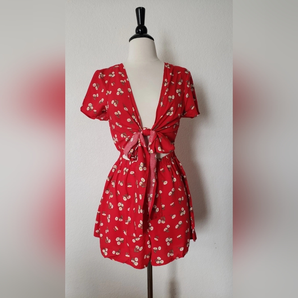 Red Floral Tie-Front Mini Dress